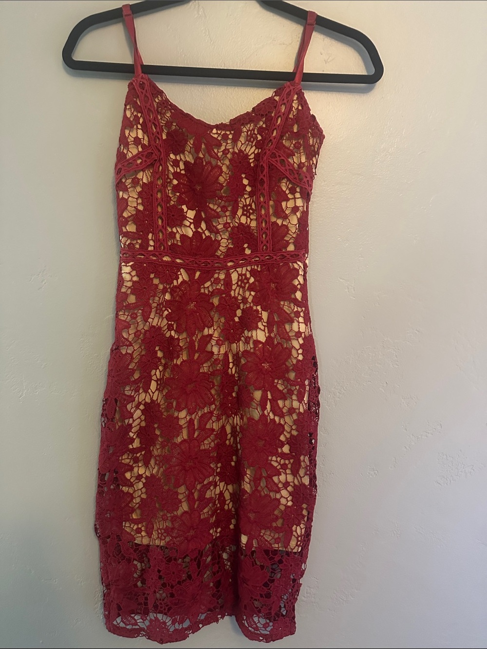 Red Lace Slip Dress with Floral Crochet Overlay